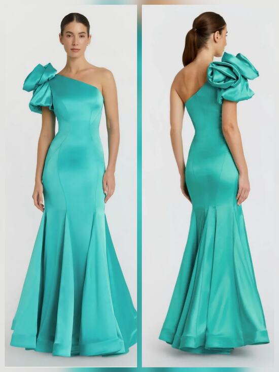 Mac Duggal Dresses & Skirts - Mac Duggal - Long green satin mermaid dress with an uncovered shoulder